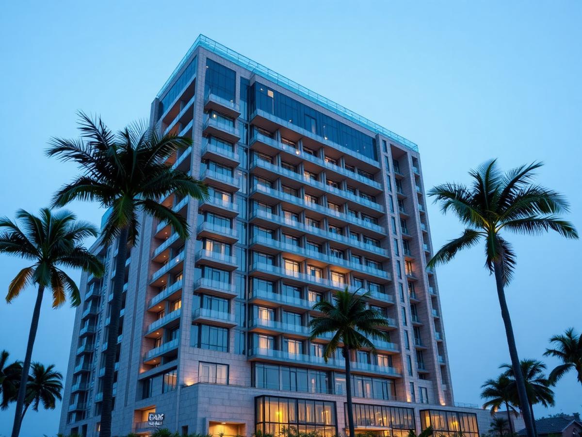 Exterior of a modern high-rise residential tower at blue hour